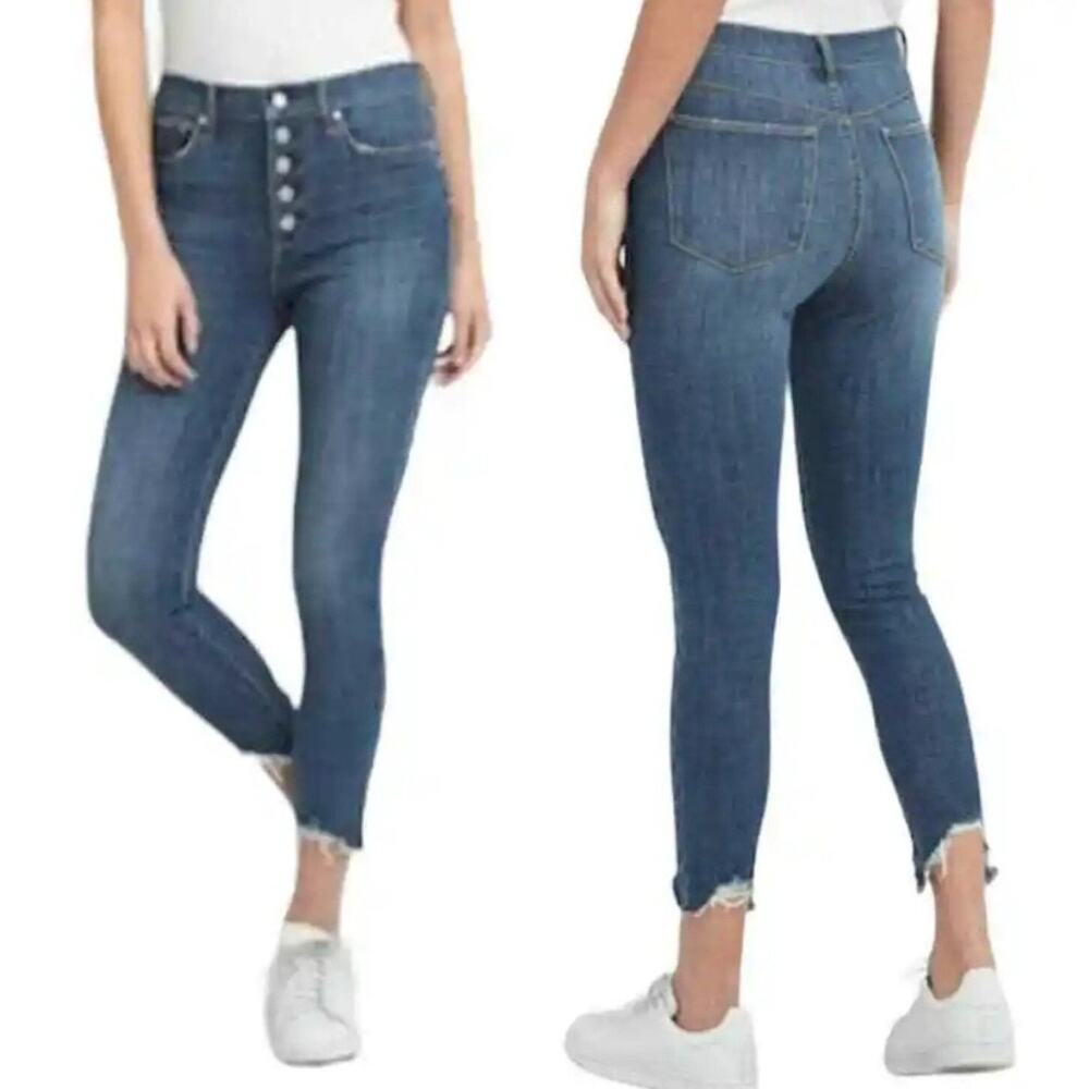 Gap Women's True Skinny High Rise Medium Wash Button Fly Ripped Raw Hem Jeans 30